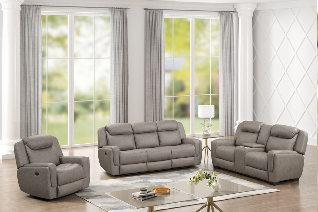 Contemporary Gray Air Leather 3-Piece Power Reclining Living Room Set with Console & USB